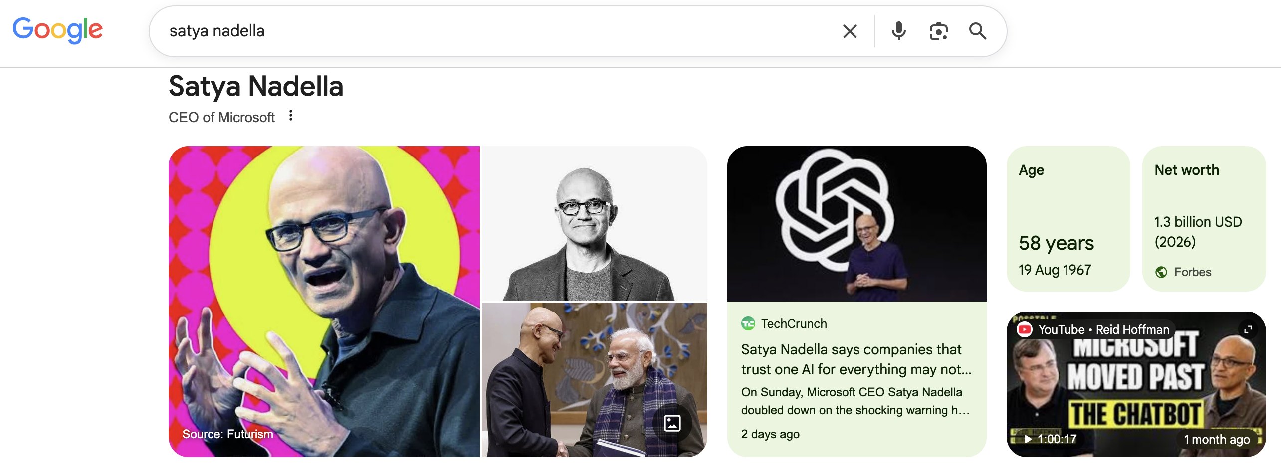 Google Search results for a person's name, showing the Knowledge Panel at the top: their name, role as CEO, photographs, age and net worth.